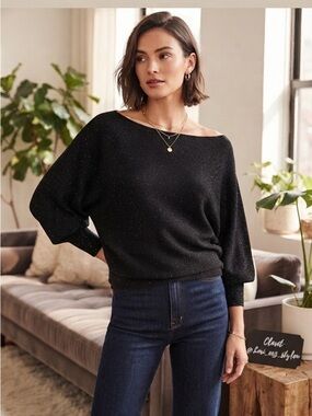 Black Sparkle Batwing Sleeve Crewneck Sweater